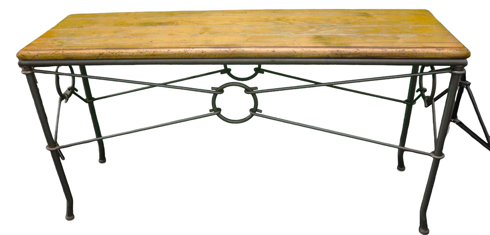 Fancy iron console table with wood top:  Fancy iron console table with wood top DIMENSIONS: Height: 28.50 inch / 72,5 cm Length: 5