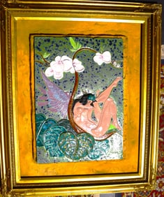 Framed Hand painted Ceramic Painting signed Evelio Lecour. lower right and dated 98