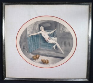 Framed Drypoint Etching and in colors on paper signed Louis Icart and Stamped with Icart seal