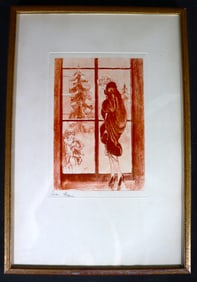 Framed Lithograph composition in sanguine ink on paper Signed Louis ICART Titled Amour Transi