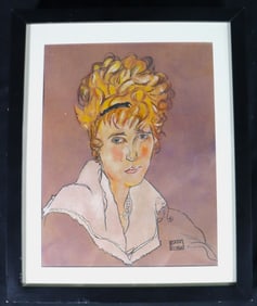 FRAMED Mixed Media Gouache and Ink on Paper signed Egon Schiele lower Right
