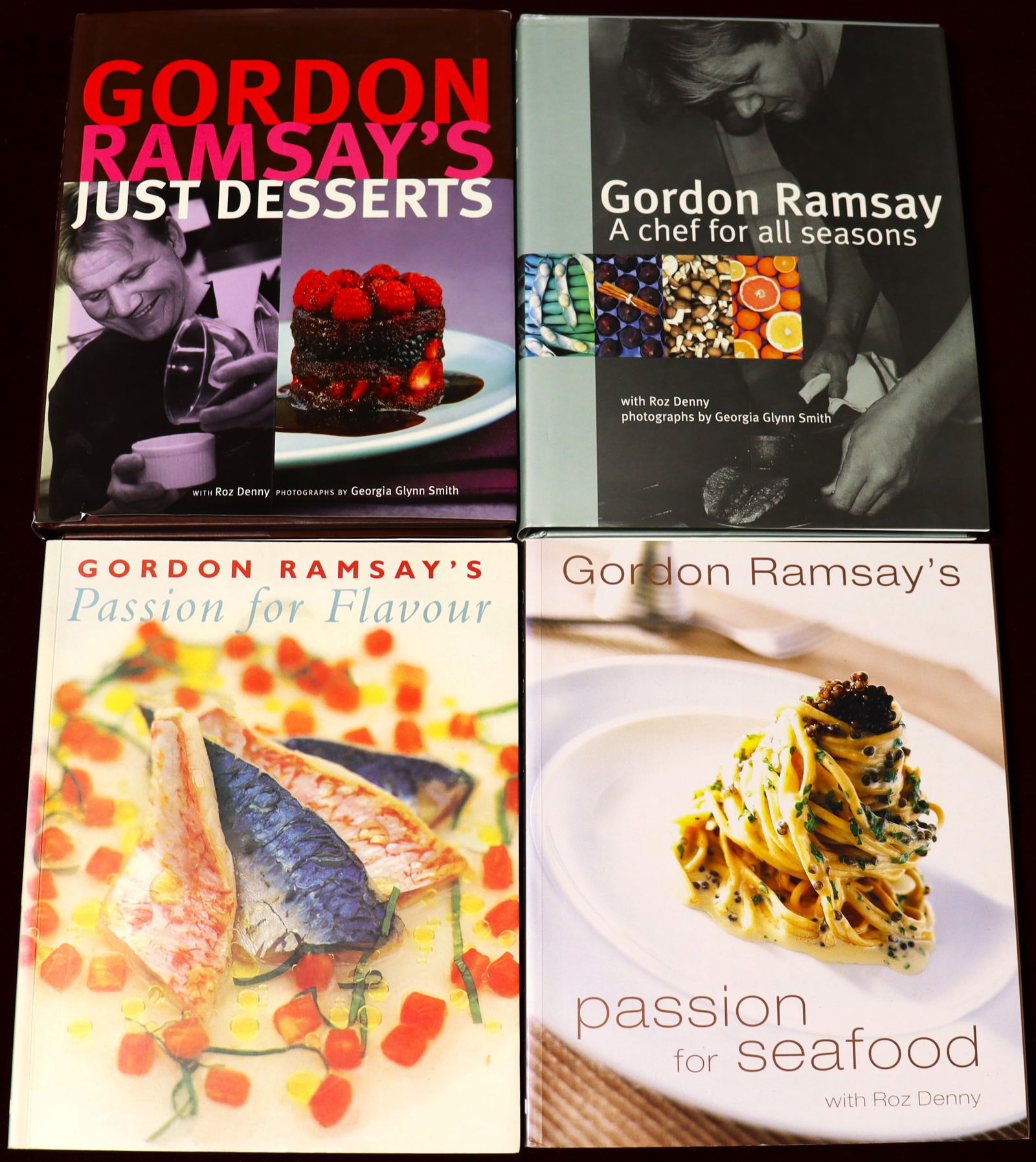Four cookbooks with recipes by Gordon Ramsay: Four cookbooks with recipes by Gordon Ramsay with over 224 pages (3) and 192 pages. All four books are autographed. DIMENSIONS Height:10.75 inch &