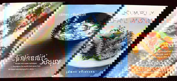 Three cookbooks with recipes by James Peterson