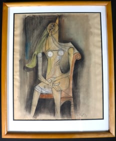 FRAMED Mixed Media on paper signed LAM lower Right and dated 1956