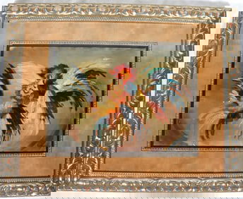 Framed Oil on Paper of Two Roosters signed lower right