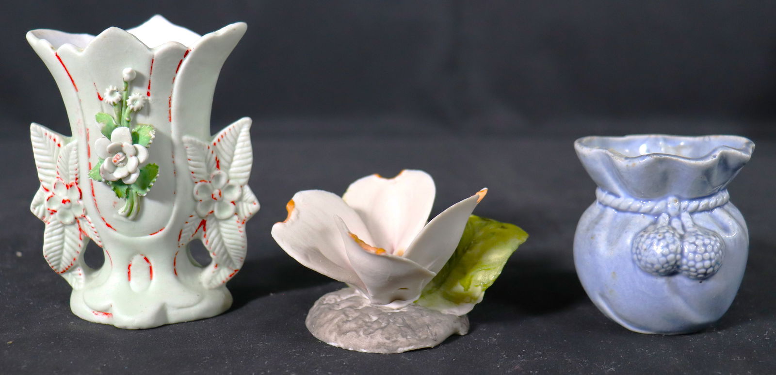 Two vintage Vases and one Capodimonte Flower: Two vintage Vases and one Capodimonte Flower Vintage Napoleon Porcelain Capodimonte White Dogwood Flower Bloom Made in Italy and one Porcelain Style Old Paris Spill Vase, and one blue potte