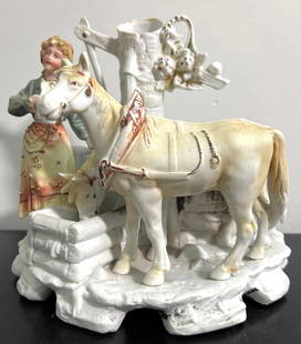 PORCELAIN GROUP FIGURINE WOMAN WITH TWO HORSES: PORCELAIN GROUP FIGURINE WOMAN WITH TWO HORSES DIMENSIONS: Height 7.50 inch / 19 cm Length