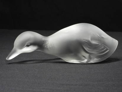 Baccarat frosted duckling glass figure: Baccarat frosted duckling glass figure. Baccarat frosted duckling glass figure signed with acid stamp. DIMENSIONS: Height: 2 3/4 inches / Length: 5 inches