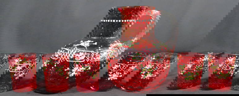 VINTAGE RUBY RED GLASS PITCHER AND FIVE GLASSES DECORATED WITH FLOWERS.: VINTAGE RUBY RED GLASS PITCHER AND FIVE GLASSES DECORATED WITH FLOWERS. DIMENSIONS GLASS: Height 3.75 inch / 9,5 cm&nbsp; &nbsp; &nbsp; &nbsp; &nbsp; &nbsp; &nbsp; &nbsp; &nbsp; &nbsp; &nbsp; &nbsp; &