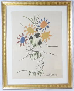 Framed Lithograph hand signed Pablo Picasso - Colorful Flowers dated 1958: Framed Lithograph hand signed Pablo Picasso - Colorful Flowers dated 1958 After PABLO PICASSO (1881-1973) Colorful Flowers hand Signed and dated 1958 Dimensions H 26.3/4 in. x W 20.3/4 in. / H 68 cm x