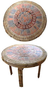 Round Dining Table by Roger Capron (1922-2006) French: Round Dining Table by Roger Capron (1922-2006) French Rattan and glazed ceramic Signed 'CAPRON' on a tile Model created c.1950/ 1960 Manufactured by Vallauris, France.DIMENSIONS: Height 28.25 inch / 7