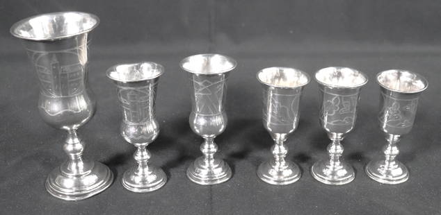 Six Silver Cup Kiddish with Hand Engraved Motifs - Maker Marked: Six Silver Cup Kiddish with Hand Engraved Motifs - Maker Marked DIMENSIONS (1): Height 5.70 inch / 14,5 cm &nbs