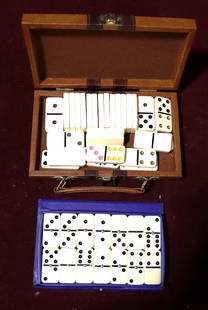 Two Vintage travel Domino Set: One Vintage Domino Set in Mini Faux Leather Luggage Case Travel and one Vintage Dominoes Made in Taiwan Blue Case DIMENSIONS: Height: 4.75 inch / 12 cm&nbsp; &nbsp; &nbsp; &nbsp; &nbsp; &nbsp; &nbsp;