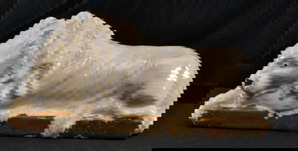 Glazed Porcelain Lion Sculpture Modeled After Antonio Canova: Glazed Porcelain Lion Sculpture Modeled After Antonio Canova. Crackling to glaze, rubbing. Dimensions: 30,8 cm / 12.12-inch X 14,4 cm / 5.66-inch X 8,7 cm / 3.42 inch Antonio Canova 1 November 17