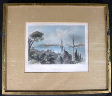 Framed Colored Print after William Henry Bartlett of the city of Constantinople (present-day: Framed Colored Print after William Henry Bartlett of the city of Constantinople (present-day Istanbul) as seen across the Bosphorus from Scutari&nbsp; DIMENSIONS with frame: Height 11.50 inch / 29,2 c