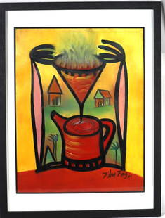 Framed Acrylic on Paper signed Flora FONG and dated 2001 Titled CAFETERA CON PAISAJE: Framed Acrylic on Paper signed Flora FONG Garcia and dated 2001 Titled CAFETERA CON PAISAJE with COA from the Artist DIMENSIONS with frame: Height 33.50 inch / 85 cm &nb