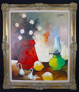 Framed Oil on Canvas signed Jean Claude Brulere still life: Framed Oil on Canvas signed Jean Claude Brulere , still life Jean Claude Brulere French was born in Paris July 22,1943. DIMENSIONS with frame: Height 29.20 inch / 74,1 cm &nbs