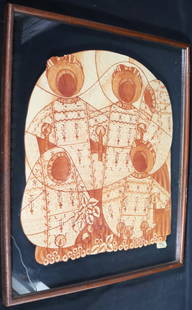 Framed Mixed media on paper signed David Ordonez (Guatemalan, b.1951) and dated 1979: Framed Mixed media on paper signed David Ordonez (Guatemalan, b.1951) and dated 1979, depicting a group of five figures in traditional patterned clothing DIMENSIONS with frame: Height 33 inch /