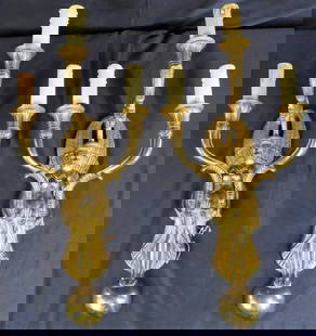 Antique Pair of Gilt Bronze 19th Century Egyptian Revival Sconces: Antique Pair of Gilt Bronze 19th Century Egyptian Revival Sconces Antique Pair of sconces, of finely chased gilt bronze, having a backplate in the Egyptian Revival style, of a winged goddess set