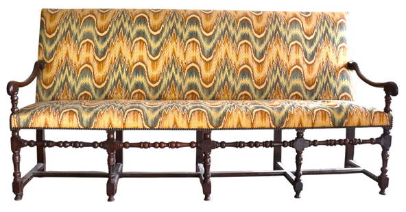 Antique French Louis XIII Sofa with polychrome herringbone trim fabric: Antique French Louis XIII Sofa with polychrome herringbone trim fabric (Point de Hongrie) DIMENSIONS: Height: 43 inch / 109 cm&nbsp; &nbsp; &nbsp; &nbsp; &nbsp; &nbsp; &nbsp; &nbsp; &nbsp; &nbsp; &nbs