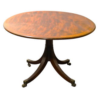 Antique English Oval Breakfast Table: George III Period Oval Breakfast Tablenineteen century mahogany breakfast table of small size, the oval top set upon a turned stem with splayed legs and brass castors &nbsp;DIMENSIONS: Height:28 inch&