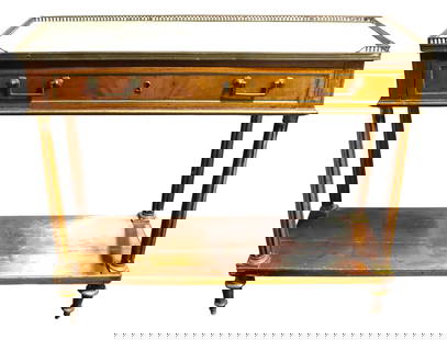 Antique French console or dessert server table: Antique French console or dessert server table Brass-mounted Directoire period dessert table or server with brass gallery around the white marble top above a single drawer. Having four fluted columns