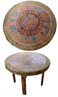 Round Dining Table by Roger Capron (1922-2006) French: Round Dining Table by Roger Capron (1922-2006) French&nbsp; Rattan and glazed ceramic Signed &#39;CAPRON&#39; on a tileModel created c.1950/ 1960&nbsp;Manufactured by Vallauris, France. DIMENSION
