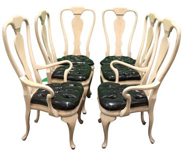Six Phyllis Morris, Queen Anne chairs: Lot of 6 Phyllis Morris Queen Anne dining chairs, four side chairs and two serpentine armchairs, with black leather tufted seats rising on cabriole legs terminating in Dutch pad feet. DIMENSIONS: (4)