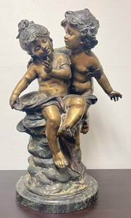 Bronze Auguste Moreau (French, 1855-1919), "Boy and Girl," 1890,: After Auguste Moreau (French, 1855-1919), &quot;Boy and Girl,&quot; 1890, bronze sculpture, bears signature lower right. Dimensions: (with base): 20.5&quot;h x 13&quot;w x 9.5&quot;d Shipping: Basel A