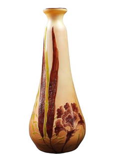 Legras Vase Art Deco: Legras Vase Art Deco" This is a beautiful painted and enameled vase is by Legras. It is a bottle shaped vase that is oval at the base, with a slight flare at the rim. The cameo relief is painted