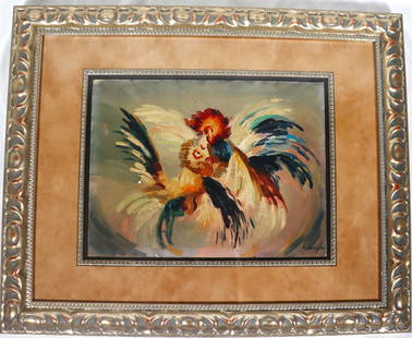 Framed Oil on Paper of Two Roosters signed lower right: Framed Oil on Paper of Two Roosters signed lower right DIMENSIONS with frame: Height 16.90 inch / 43 cm 