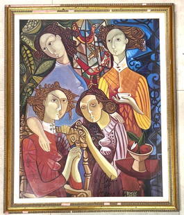 Framed Colored Print signed ARCADIO CANCIO Cuban artist.: Framed Colored Print signed ARCADIO CANCIO Cuban artist.ARCADIO CANCIO is a Cuban artist that has recreated the female figure in a very personal style. According to critics, the use of his figurative