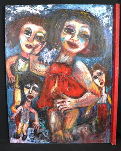 Unframed Oil on Board signed Hegina Rodrigues Brazilian:  Oil on Board signed Hegina Rodrigues Brazilian Hegina Rodrigues (Brazilian / USA) oil painting on board depicting a woman with children. Signed to lower left. Further painted with abstract