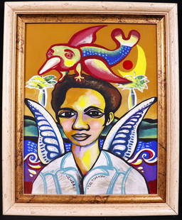 Framed Oil on Linen signed Tomas Rodriguez Toledo with COA: Framed Oil on Linen signed Tomas Rodriguez Toledo Cuban Artiste Dated 2002 Titled ANGEL GUAJIRO with COA DIMENSIONS with frame: Height 12.50 inch / 31,8 cm 