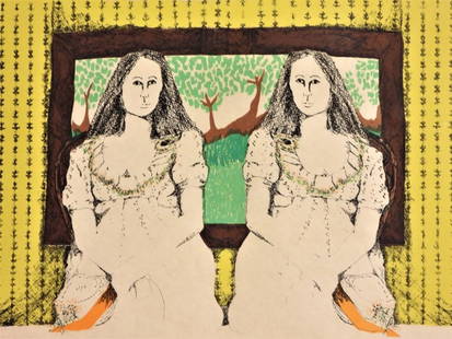 Framed lithograph Mona and Lisa, signed dated,: Framed lithograph Mona and Lisa, signed dated, lower right. DIMENSIONS with frame: Height 21.75 inch / 55 cm &nb