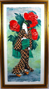 Framed collagraph etching and aquatints on layered paper signed Mikulas Kravjansky: Mikulas Kravjansky (Czech, B. 1928) one collagraph etching and aquatints on layered paper from the series &quot;Flowers of The Orient&quot;. hand signed and numbered in pencil to lower right. Edition: