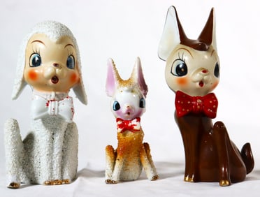 vintage Japan Sugar Textured White Lamb and Two Brown Deer Fawn Figurines from Japan
