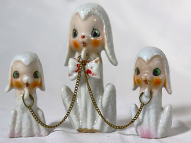 Vintage Porcelain Sheep Lamb Mama Leashed Babies Set Complete