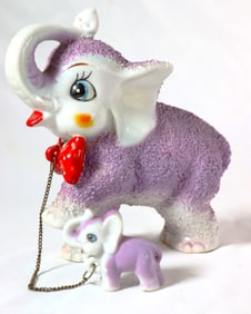 Vintage Chained Elephant Family Ceramic Purple Mom with Babie Japan Sugar Glaze