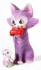 Vintage Chained Cat Family Ceramic Purple Mom with Babie Japan Sugar Glaze