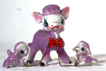 Vintage Chained Bull Family  Ceramic Purple Bull Cow Babies Japan Sugar Glaze