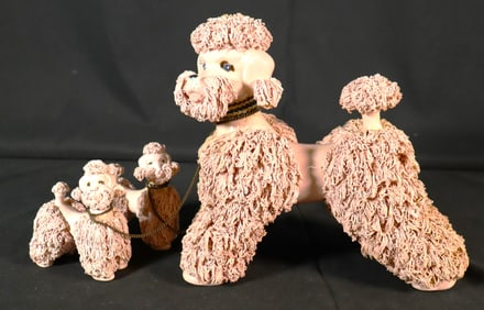 Large Vintage Pink Spaghetti Poodle Porcelain Figurine Two Puppies signed Kreiss & Company