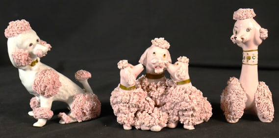 Three Vintage Pink Spaghetti Poodles Dogs Ceramic Figures