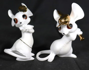 Vintage White Bisque Porcelain Mouses Figurine One Baseball Gold Hat Bat Big Ears