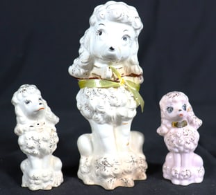 Vintage 3 White Porcelain Poodle Dogs Mom with Puppies Figurines