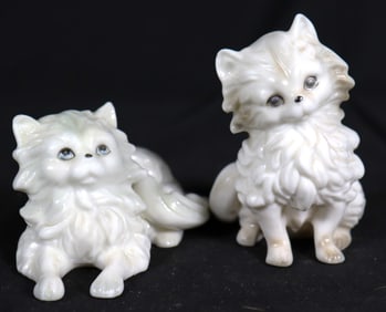 Set of 2 Vintage Norcrest White Cat Long Hair Ceramic Figurine Japan Blue Eyes