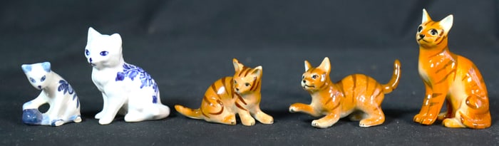 Lot of 5 Vintage Ceramic Cats Cat two White and blue and 3 Orange Black Figurines