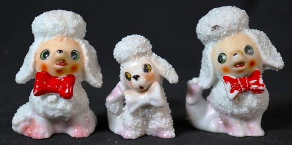 Vintage three Sugar Textured Porcelain Poodles Figurines with Red Bow Tie