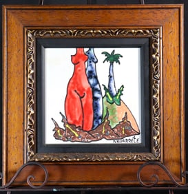 Framed Mixed Media on ceramic tile signed JUAN NAVARERETE