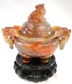 Red Agate Chinese Lion Foo Dog Censer, Incense Carving Sculpture